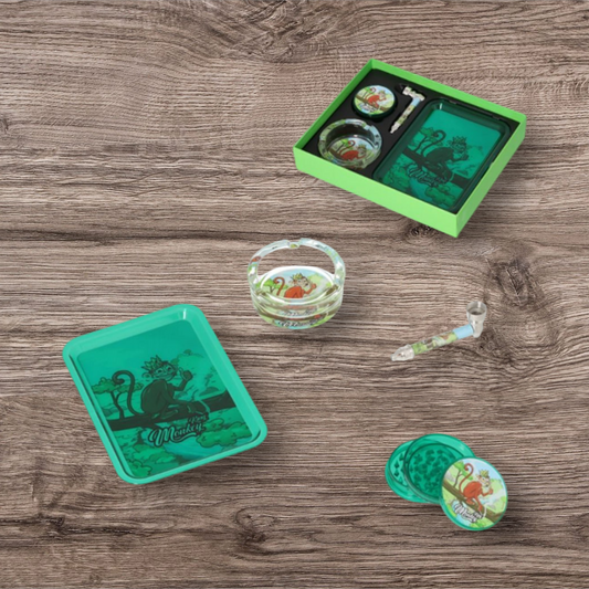 Raucher-Set "Monkey King" Grinder+Pipe+Ascher+Tray - Grün
