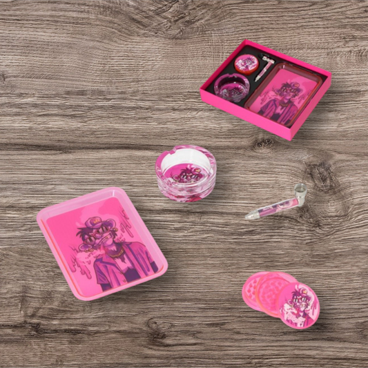 Raucher-Set "Monkey King" Grinder+Pipe+Ascher+Tray - Pink