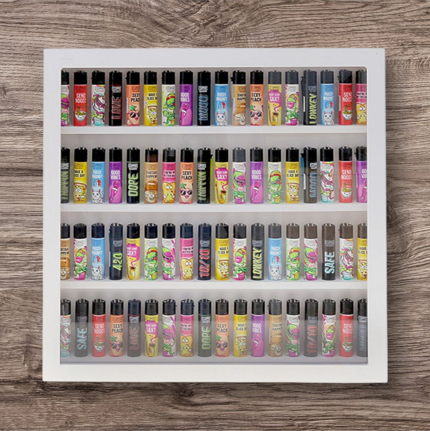 Vitrine für Clipper Feuerzeuge; weiss; Holz; leer für 72 Clipper